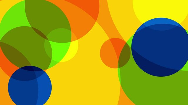 Abstract flat color 4k animation with circles of different colors and sizes. Yellow, orange, green, blue circles move slowly on the screen. Motion with psychedelic effect.