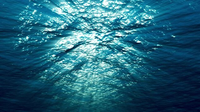 View from under the water to the sea surface and the rays from the sun passing under the ocean water