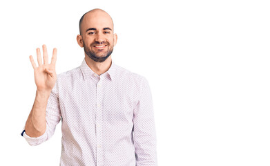 Fototapeta premium Young handsome man wearing elegant shirt showing and pointing up with fingers number four while smiling confident and happy.