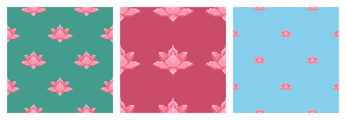 Adorable set with lotus flower seamless patterns. Pixel art vector illustration background