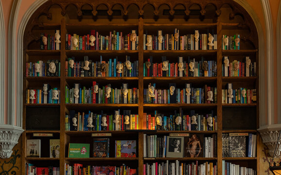 Porto, Portugal - December 26, 2020: A picture of a bookshelf inside a bookstore.