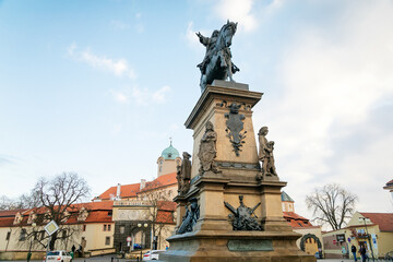 Fototapeta na wymiar Main square of King George of Podebrady with his equestrian statue, Jiri z Podebrad, historical spa town, Podebrady, Central Bohemia, Czech Republic