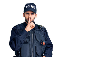 Young handsome man with beard wearing police uniform asking to be quiet with finger on lips....