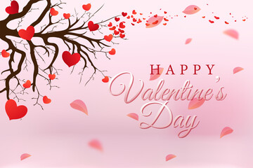 card or banner on Valentine's Day in white and red with a tree branch with red hearts on it on a gradient pink background