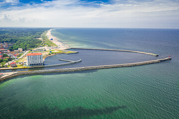 Entrance to port in Darlowek, Baltic Sea, aerial view