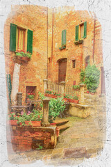 Fototapeta na wymiar Vintage porch on street in Tuscany, watercolor painting