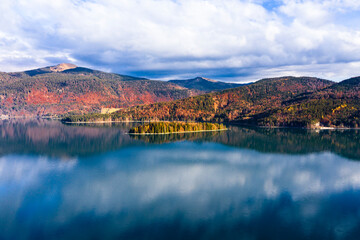 Aerial view, Sassau Isalnd, Walchensee, Upper Bavaria, Bavaria, Germany