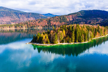 Aerial view, Sassau Isalnd, Walchensee, Upper Bavaria, Bavaria, Germany