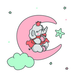 Cute baby elephant on the moon among the stars, vector illustration.