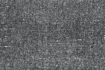 Grunge texture of old fabric with damage. Monochrome dark background close-up of coarse textile with spots, noise and graininess. Overlay template. Vector illustration