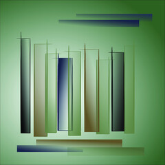 Abstract city skyline in blue, green and brown, on a green gradient background