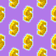 Gold dollar sign in isometric, seamless pattern on a purple background. Vector illustration for print or web.