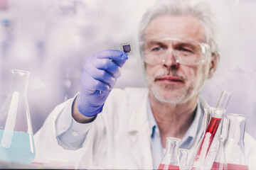 Focused senior life science professional holding and observing the micro chip. Lens focus on the...