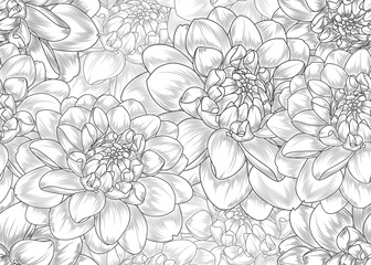 Seamless abstract pattern with elegant hand-drawn dahlia flowers. Elements for design of wallpaper gift paper packaging. Vector illustration.