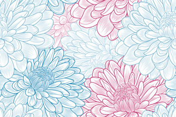 Beautiful floral abstract seamless hand-drawing background with chrysanthemum flowers.