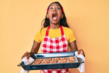 Young indian girl wearing baker uniform holding homemade cookies angry and mad screaming frustrated and furious, shouting with anger looking up.