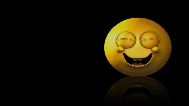 Laughing Emoji on Reflective Black Background 4K Loop features a happy smiling laughing yellow Emoji face on a reflective black background in a loop