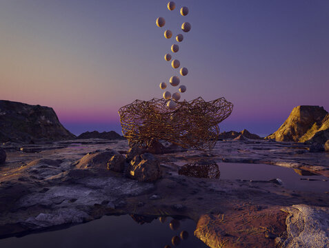 3d rendering scene with dream view at alien landscepe with abstract form and soaring spheres