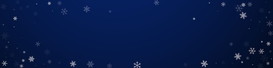 Fototapeta na wymiar Sparse snowfall Christmas background. Subtle flying snow flakes and stars on dark blue background. Captivating winter silver snowflake overlay template. Artistic panoramic illustration.