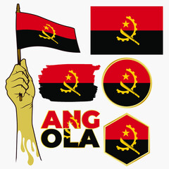 Angola flag and badge set in geometric shape vector illustraion. Eps 10