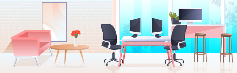 open space coworking center workplaces with computer monitors modern cabinet interior office room with furniture horizontal vector illustration