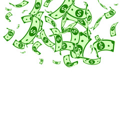 American dollar notes falling. Random USD bills on white background. USA money. Curious vector illustration. Brilliant jackpot, wealth or success concept.
