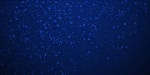 Naklejka na ściany i meble Magic stars random Christmas background. Subtle flying snow flakes and stars on dark blue night background. Beautiful winter silver snowflake overlay template. Excellent vector illustration.