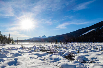 Beautiful winter view of Emerald Lake, in Yoho National Park, Canada