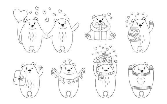 Polar bear cartoon line set for greeting card Valentines Day. Hand drawn doodle funny animal character with hearts, balloon, gift and parcel. Romantic banner bear teddy. Print love vector illustration