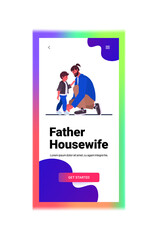 young father tying the laces on child boots parenting fatherhood concept dad spending time with his kid at home full length vertical copy space vector illustration
