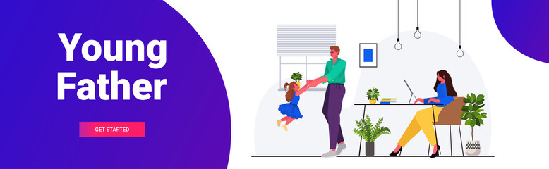 father playing with little daughter mother sitting at workplace parenting fatherhood concept friendly family spending time together at home full length horizontal copy space vector illustration