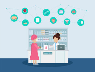 Pharmacy with pharmacist and icons