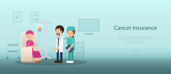 Cancer insurance banner with patient and medical staff flat design vector illustration