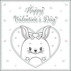 happy valentines day cute bunny drawing post card big heart sketch for coloring