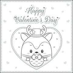 happy valentines day cute deer drawing post card big heart sketch for coloring