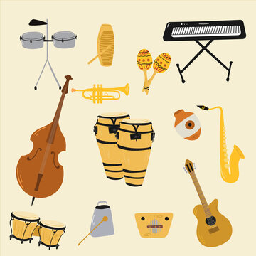 Salsa music musical instruments. Double bass, congas, bongos, guitar, cuban tres, clave, Botijuela, maracas, piano, contrabass, timbales, guiro, trombone, trumpet. vector illustration