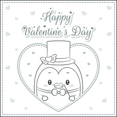 happy valentines day cute penguin drawing post card big heart sketch for coloring