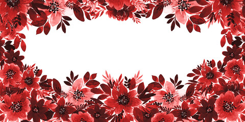 Watercolor bright red flowers with leaves. Floral banner with a white blank background in the center.
