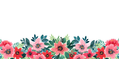 Cute watercolor flower banner. Horizontally arranged blooming pattern - 404184261