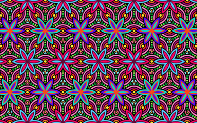 Geometric floral wallpaper. Ethnic colorful ornament based on East Indian motives. Doodling pattern. Background for wrapping paper, textiles, fabric, website, stained glass, presentations.