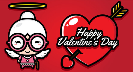 Naklejka premium cute granny cupid character design on valentine's day happy greeting card