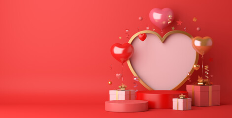 Happy valentines day podium decoration with heart shape balloon, gift box, confetti, 3D rendering illustration	