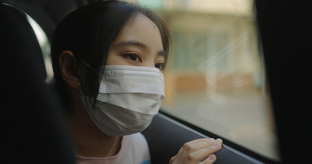 Fototapeta na wymiar Asian Girl In Car Wearing A Medical Mask During Pandemic Of Coronavirus Covid-19.