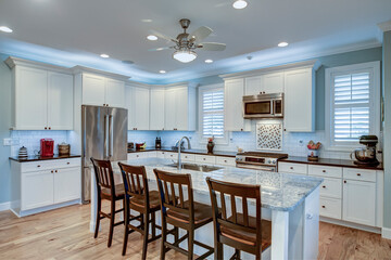 Beautiful kitchen remodel with white cabinets and new appliances.