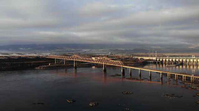 Aerial Drone Clip of the Bridge Over the Columbia River from Oregon to Washington