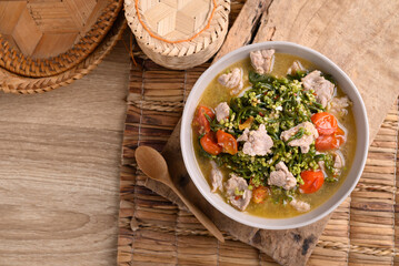 Northern Thai food (Kaeng Puk Plung), Ceylon spinach or Malabar spinach soup with pork in a bowl
