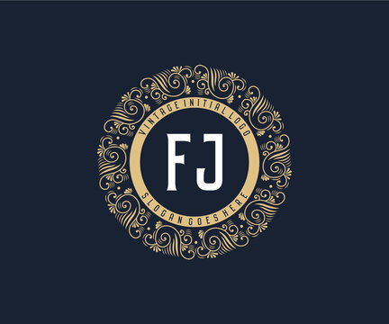 Initial FJ Antique retro luxury victorian calligraphic emblem logo with ornamental frame.