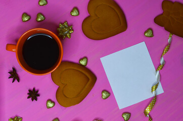 valentine's day card with copy space for text, shape heart love decoration, cup of fresh espresso coffee and homemade delicious cookies