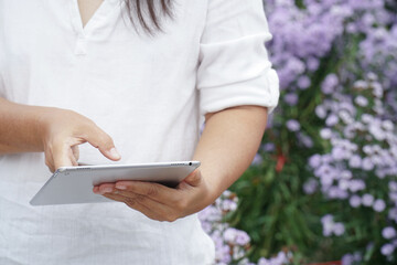 Tablet in the hands of a women,Scientist observing Purple flowers plants.