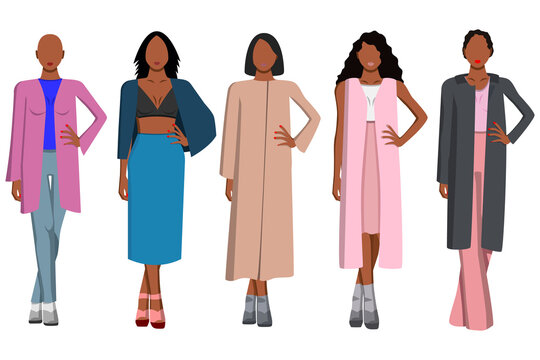 Images of five black women in different clothes with different hairstyles. Designer clothing.